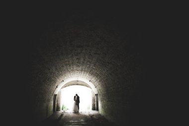 Güzel bir peri masalı yeni evli çift eski ortaçağ şatosunun yakınlarında sarılıyor.