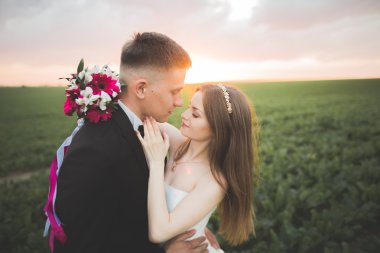 Güzel düğün çift, aşk günbatımı üzerinde. Fielf çiçekli