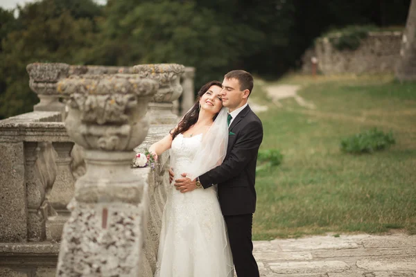 Feliz boda pareja abrazos y besos en el fondo viejo castillo — Foto de Stock