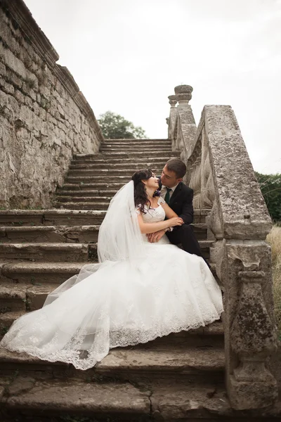 Feliz boda pareja abrazos y besos en el fondo viejo castillo — Foto de Stock