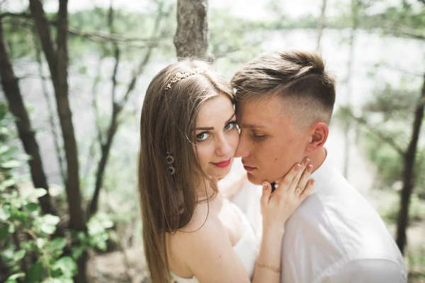 Hochzeitspaar Mann, Braut küsst und umarmt auf einem Hintergrund des Flusses, Berge. Schönheitsporträt — Stockfoto