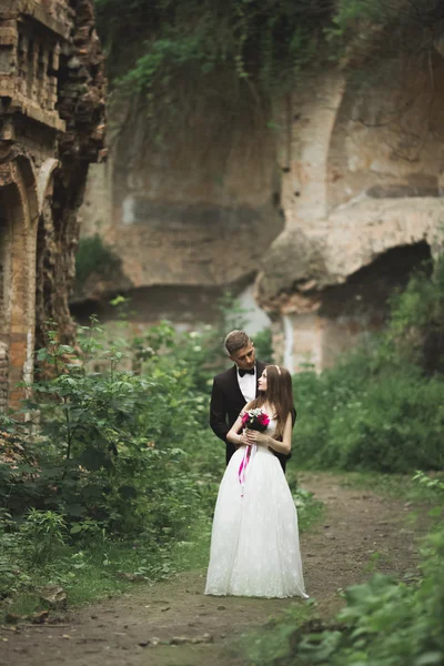 Net getrouwd poses en zoenen met een oud fort op de achtergrond — Stockfoto