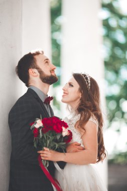 Güzel çift, gelin ve damat büyük beyaz sütun poz