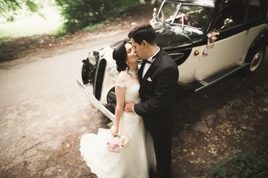 Güzel düğün çifti görkemli retro arabanın yakınında poz