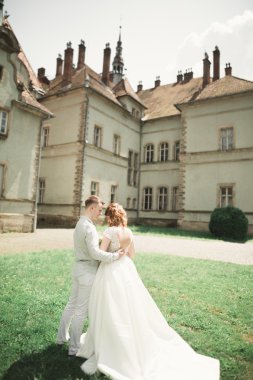 Mutlu düğün kaç sarılma ve birbirlerine arka plan eski kale üzerinde gülümseyen