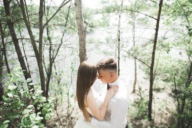 Düğün iki adam, öpüşme ve nehir, dağlar bir arka plan üzerinde sarılma gelin. Güzellik Portresi