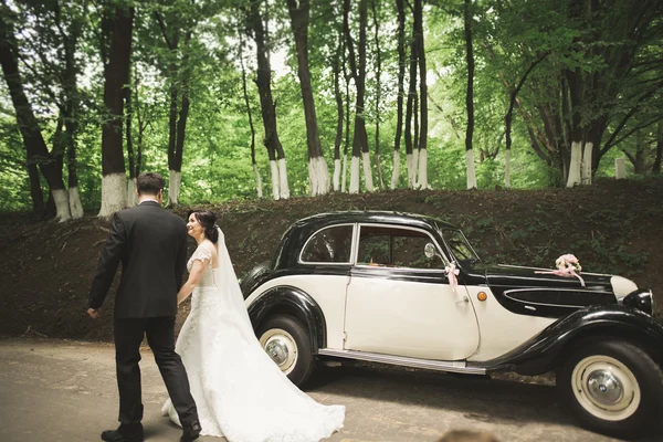 Güzel düğün çifti görkemli retro arabanın yakınında poz — Stok fotoğraf