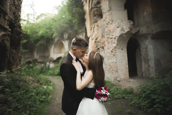 Erstaunlich glücklich sanfte stilvolle schöne romantische kaukasische Paar auf dem Hintergrund alten Barockschloss — Stockfoto