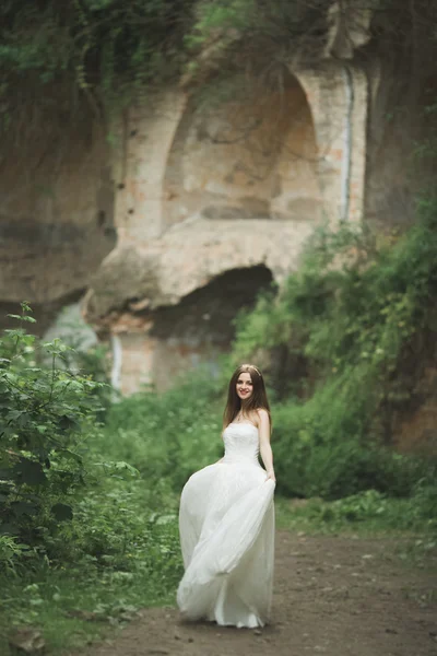 Nádherné romantické jemné stylové krásné kavkazské nevěsty na pozadí starobylé barokní zámek — Stock fotografie