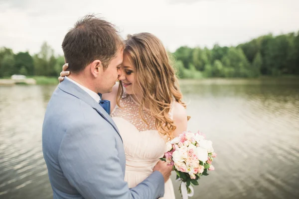 Feliz boda pareja abrazándose y sonriendo el uno al otro en el lago de fondo, bosque — Foto de Stock