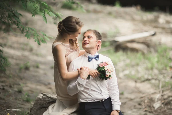 Hermosa pareja de boda besándose y abrazándose cerca de la orilla de un río de montaña con piedras —  Fotos de Stock