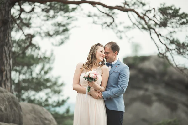 Verliebtes Hochzeitspaar küsst und umarmt sich in der Nähe von Felsen in schöner Landschaft — Stockfoto