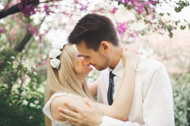 Genç güzel çift öpüşme ve ağaçları ile çiçeği yaz Park yakınındaki sarılma