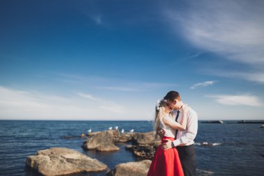 Sevimli gelin, manzara, dağlar ve denizin muhteşem Düğün çifti üzerinde zarif damat