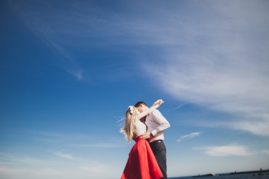 Sevimli gelin, manzara, dağlar ve denizin muhteşem Düğün çifti üzerinde zarif damat