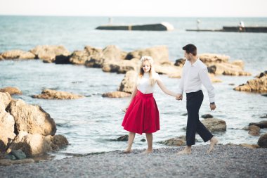 Sevimli gelin, manzara, dağlar ve denizin muhteşem Düğün çifti üzerinde zarif damat