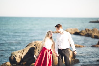 Sevimli gelin, manzara, dağlar ve denizin muhteşem Düğün çifti üzerinde zarif damat