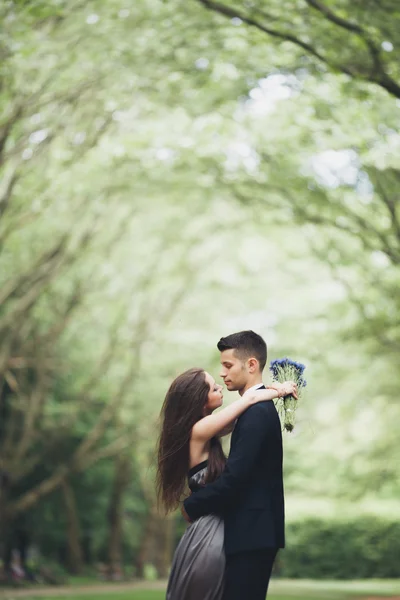 Joven hermosa pareja, chica con vestido perfecto posando en el parque — Foto de Stock