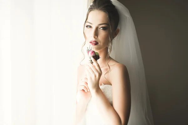 Retrato de novia hermosa con velo de moda en la mañana de la boda. —  Fotos de Stock