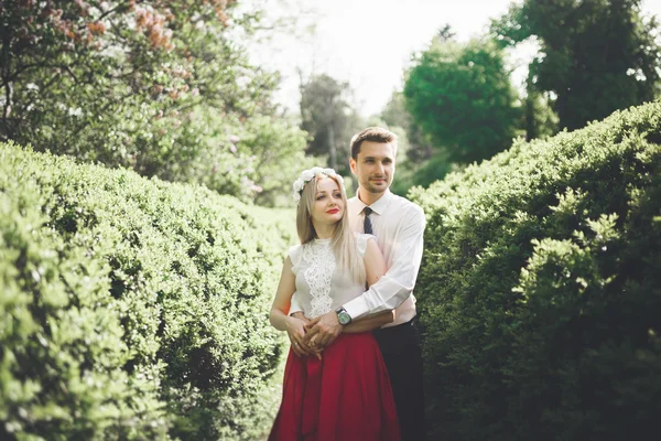 Elegante bella coppia di nozze felice baciare e abbracciare nel giardino botanico — Foto Stock