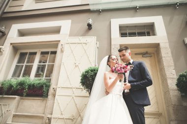 Güzel, mutlu bir düğün çifti, güzel şehirde uzun beyaz elbiseli bir gelin.