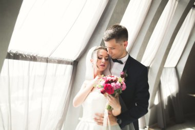 Mükemmel bir çift gelin ve damat düğün günlerinde poz verip öpüşürler.