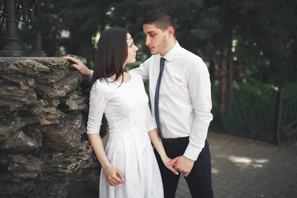 Superbe jeune marié posant près de beau mur de plantes buissons arbres dans leur jour de mariage — Photo