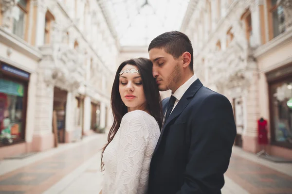 Beautiful bröllop par, bruden, brudgummen kyssas och kramas mot bakgrund av gamla byggnad — Stockfoto