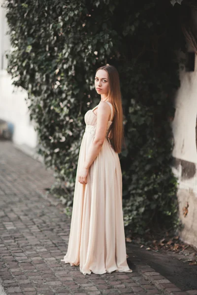Bella ragazza con i capelli lunghi in posa vicino albero in vavel Cracovia — Foto Stock