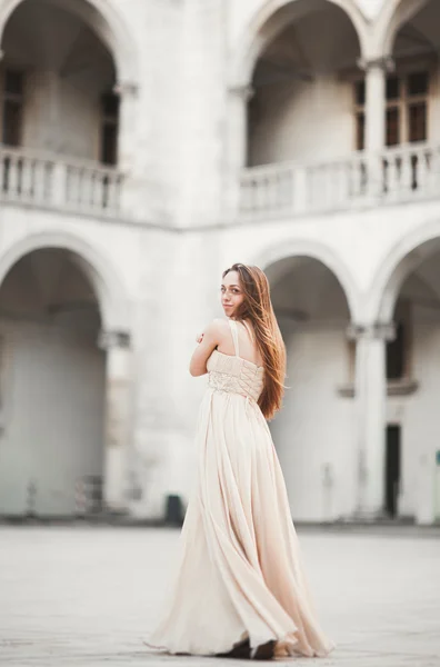 Hermosa chica, modelo con el pelo largo posando en el viejo castillo cerca de columnas. Cracovia Vavel — Foto de Stock