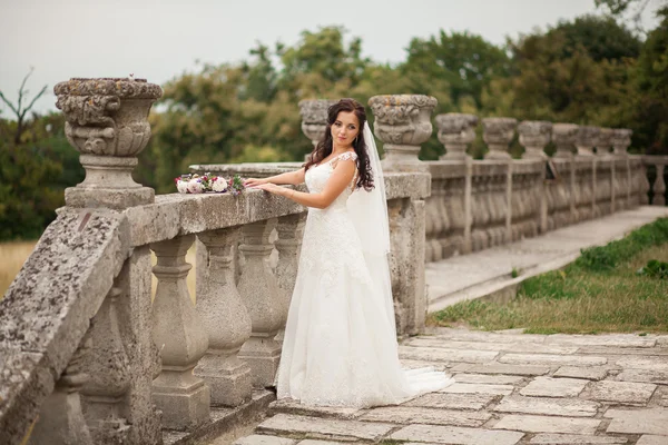 Gorgeous romantic gentle stylish beautiful caucasian bride on the background ancient baroque castle — Stock Photo, Image