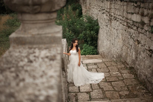 华丽、浪漫、温文尔雅、美丽的高加索新娘在巴洛克古堡的背景下 — 图库照片