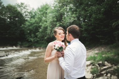 şık şık mutlu esmer gelin ve dağlarda güzel bir şelale arka plan üzerinde muhteşem damat