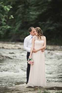 Güzel düğün çifti bir dağ nehrinin kıyısında taşlarla öpüşüp kucaklaşıyorlar.