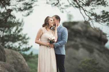 Muhteşem gelin, damat öpüşme ve sarılma Gösterim çarpıcı uçurum yakın: