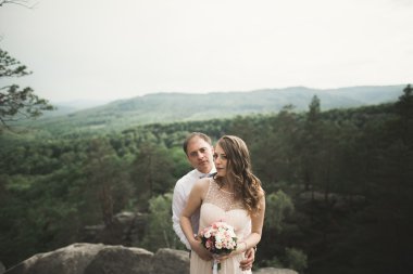 Muhteşem gelin, damat öpüşme ve sarılma Gösterim çarpıcı uçurum yakın: