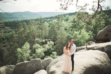 Birbirlerine aşık düğün çifti güzel manzarada kayaların yanında öpüşüyor ve sarılıyorlar.