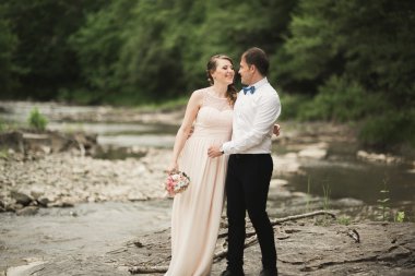 Güzel düğün çifti bir dağ nehrinin kıyısında taşlarla öpüşüp kucaklaşıyorlar.