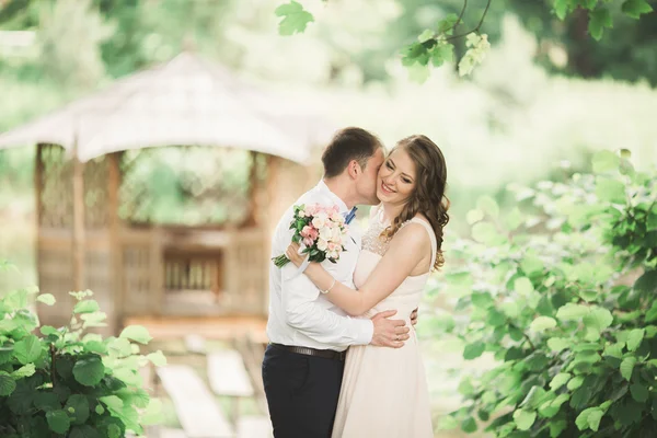 Прекрасная влюбленная пара целует друг друга в день свадьбы, стоя в парке на открытом воздухе возле озера — стоковое фото