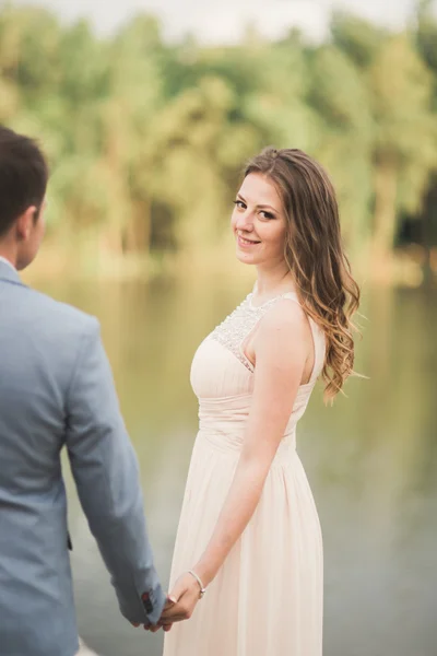 优雅的美丽婚礼夫妇在日落时分湖附近构成 — 图库照片