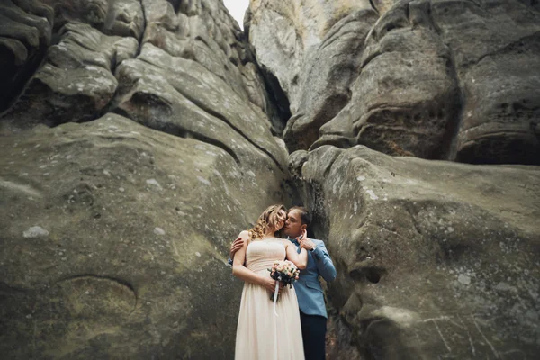 Feliz boda pareja besándose y abrazándose cerca de un alto acantilado —  Fotos de Stock