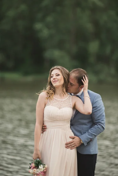 Красивая свадебная пара, невеста, жених целуется и позирует на мосту возле озера — стоковое фото