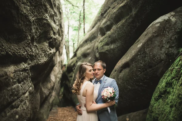 Lindo casamento casal beijos e abraços na floresta com grandes pedras — Fotografia de Stock