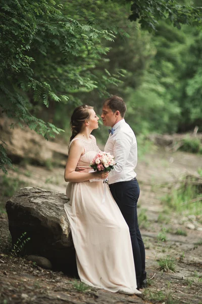 Elegante novio elegante y elegante novia cerca del río con piedras. Pareja de boda enamorada —  Fotos de Stock