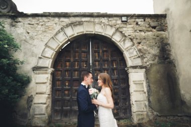 Mutlu düğün kaç sarılma ve birbirlerine arka plan eski kale üzerinde gülümseyen