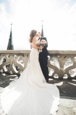 Güzel bir düğün çifti eski kasabanın arka plan panoramik manzarasında öpüşüp sarılıyor.