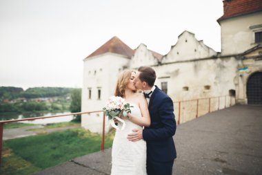 Mutlu düğün kaç sarılma ve birbirlerine arka plan eski kale üzerinde gülümseyen