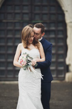 Güzel, romantik bir düğün. Yeni evliler. Eski kalenin yakınlarında sarılıyorlar.