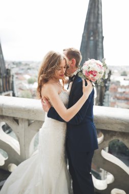 Muhteşem bir düğün çifti eski Lviv şehrinde yürüyor.