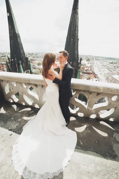 Stylový krásný svatební pár líbání a objímání na pozadí panoramatický výhled na staré město — Stock fotografie